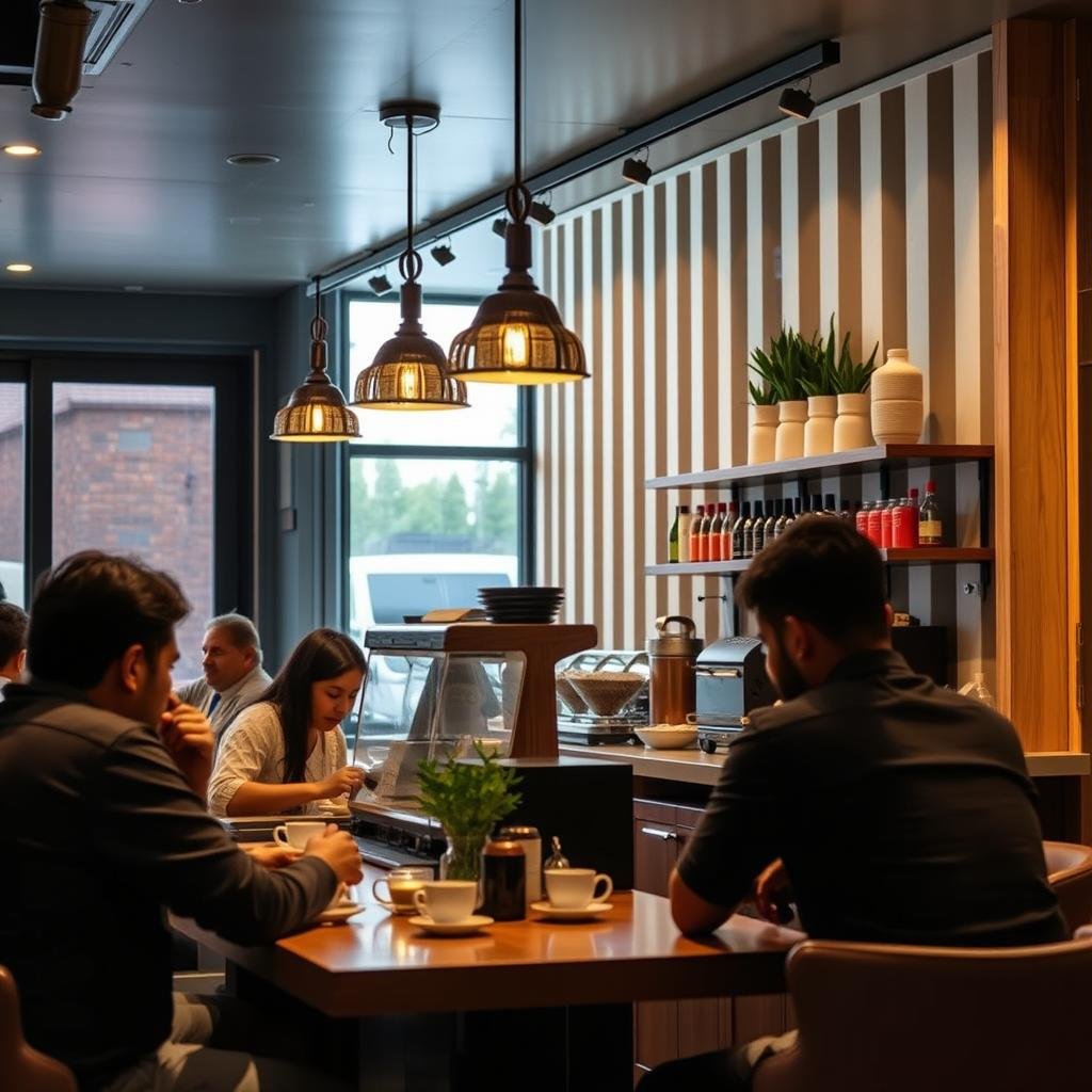 A busy container cafe in DLF Phase 3 Gurgaon with customers enjoying coffee A busy container cafe in DLF Phase 3 Gurgaon with customers enjoying coffee