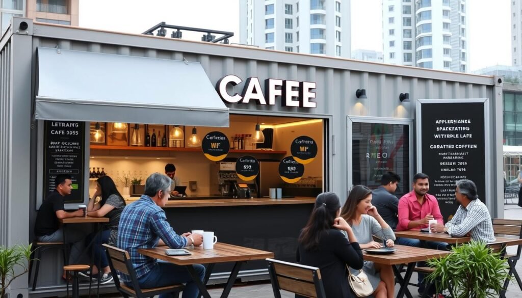 A completed container cafe in Gurgaon with happy customers and staff A completed container cafe in Gurgaon with happy customers and staff
