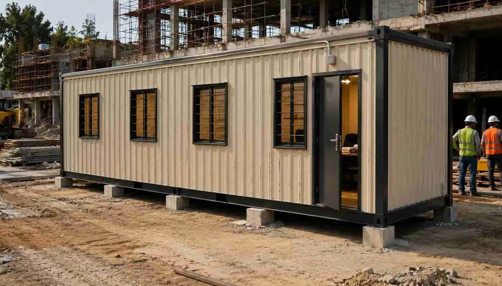 A construction site with SAMAN Portable cabins being installed. In the foreground, workers carefully secure the cabin's foundation, their focused expressions and precise movements captured in a medium shot. The middle ground showcases the modular cabin components being assembled, the sleek, modern design evident. In the background, a crane hoists additional cabins into position, the urban landscape of Hoskote visible in the distance. Warm, natural lighting bathes the scene, creating a sense of productivity and progress. The overall atmosphere conveys the efficiency and professionalism of the SAMAN Portable cabin installation process. A construction site with SAMAN Portable cabins being installed. In the foreground, workers carefully secure the cabin's foundation, their focused expressions and precise movements captured in a medium shot. The middle ground showcases the modular cabin components being assembled, the sleek, modern design evident. In the background, a crane hoists additional cabins into position, the urban landscape of Hoskote visible in the distance. Warm, natural lighting bathes the scene, creating a sense of productivity and progress. The overall atmosphere conveys the efficiency and professionalism of the SAMAN Portable cabin installation process.
