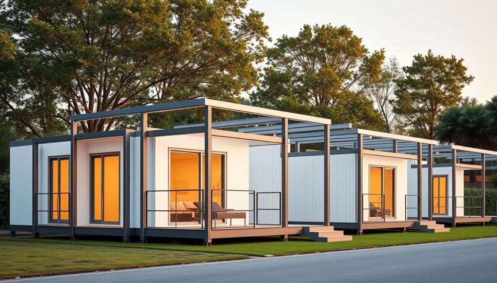 A high-quality, photorealistic image of durable SAMAN Portable modular homes with a steel frame construction, showcasing their key features. The scene depicts the front view of several interconnected prefab units arranged in a modern, minimalist layout. The homes are situated in a lush, landscaped environment with trees and greenery in the background. Warm, directional lighting illuminates the clean lines and sleek metal framework, highlighting the structures' strength and sustainability. The image conveys a sense of contemporary, eco-friendly living in an urban setting.