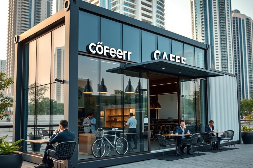 A modern container cafe setup in DLF Cyber City Gurgaon with outdoor seating and corporate professionals A modern container cafe setup in DLF Cyber City Gurgaon with outdoor seating and corporate professionals