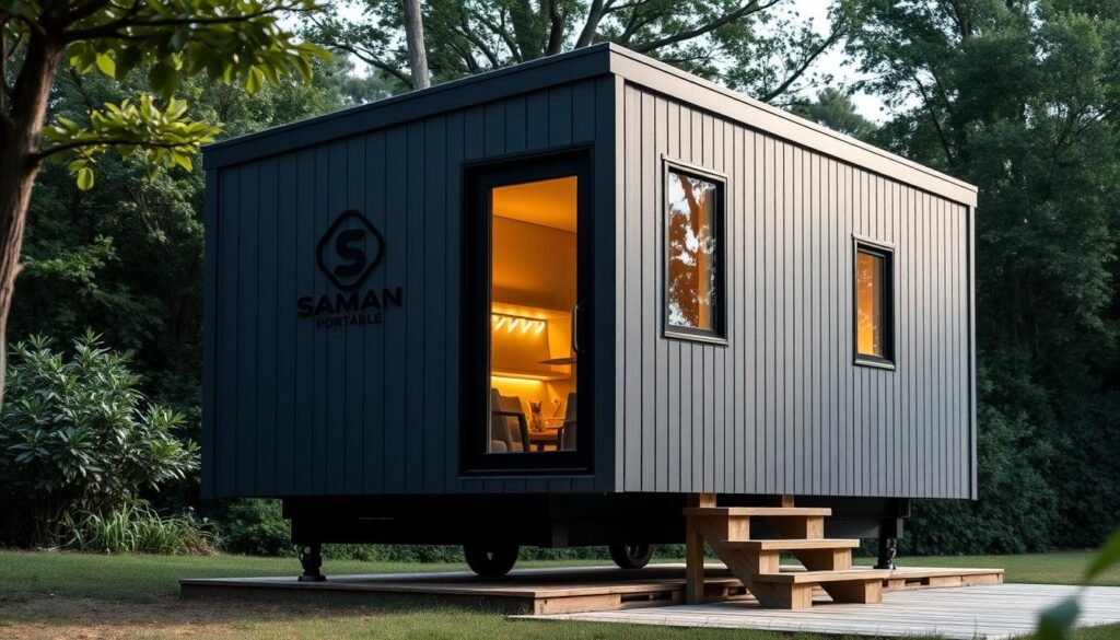 A modern modular cabin design with a sleek, contemporary aesthetic. The cabin features a minimalist exterior with clean lines, large windows, and a SAMAN Portable logo prominently displayed. The cabin is situated in a serene, natural setting with lush greenery in the background, providing a sense of tranquility. The lighting is soft and diffused, creating a warm and inviting atmosphere. The cabin appears to be elevated on a wooden platform, adding to the overall modern and sustainable feel. The image captures the versatility and functionality of the SAMAN Portable cabin, making it an ideal solution for a portable, affordable, and stylish living space.