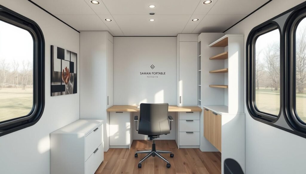 A modern, sleek portable office design featuring the SAMAN Portable brand. An airy, minimalist interior with clean lines, large windows allowing ample natural light, and a neutral color palette of whites, grays, and natural wood tones. Stylish ergonomic furniture, including a generously sized desk, comfortable task chair, and modular shelving units. Subtle ambient lighting, possibly recessed or pendant fixtures, creating a warm, inviting atmosphere. The overall aesthetic is sophisticated yet practical, designed to maximize productivity and well-being in a compact, mobile workspace.