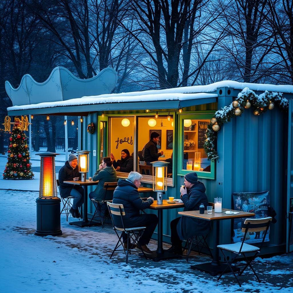 A seasonal container cafe in a Gurgaon park during winter A seasonal container cafe in a Gurgaon park during winter