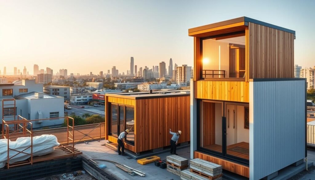 A sleek, modern modular construction site nestled in a vibrant urban landscape. In the foreground, SAMAN Portable prefab cabins stand tall, their clean lines and warm wood tones complementing the surrounding architecture. Warm golden sunlight filters through, casting soft shadows and highlighting the intricate details of the modular panels. In the middle ground, workers diligently assemble the components, showcasing the efficiency and precision of the sustainable construction process. The background features a bustling city skyline, hinting at the integration of these modular structures into the urban fabric. The overall scene conveys a sense of harmony, progress, and a commitment to eco-friendly living.