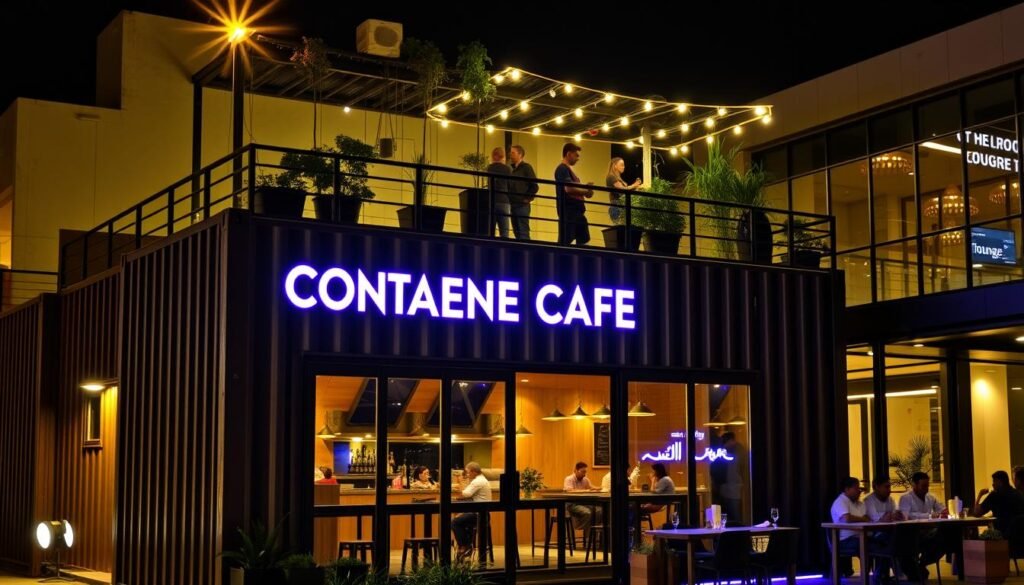 A stylish container cafe in Gurgaon with LED lighting and modern design elements A stylish container cafe in Gurgaon with LED lighting and modern design elements
