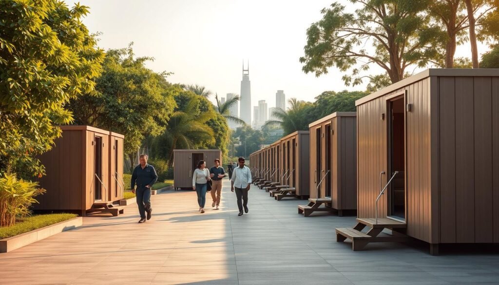 A vibrant outdoor scene on MG Road, showcasing the sleek and sturdy SAMAN Portable cabins. In the foreground, a row of modern, minimalist cabins in earthy tones stand proudly against a backdrop of lush greenery. The middle ground features pedestrians strolling by, admiring the cabins' clean lines and efficient design. In the background, the bustling city skyline is visible, creating a harmonious contrast between the urban environment and the compact, self-contained living spaces. Warm, natural lighting illuminates the scene, highlighting the cabins' high-quality materials and attention to detail. The overall atmosphere conveys a sense of affordable, yet sophisticated living solutions within the thriving MG Road community.