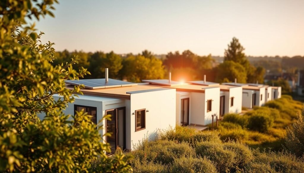 A visually striking image of energy-efficient prefabricated homes by SAMAN Portable, showcasing their sleek and sustainable design. The scene depicts a row of modular dwellings nestled amidst lush greenery, bathed in warm, golden sunlight. Architectural details like large windows, solar panels, and clean lines accentuate the homes' eco-friendly nature. The perspective offers a panoramic view, capturing the harmonious integration of these prefab structures within a picturesque suburban landscape. Crisp, high-resolution photography with a shallow depth of field highlights the homes' modern aesthetic and materials. An atmosphere of tranquility and environmentally conscious living permeates the image, exemplifying the sustainable future of modular housing.