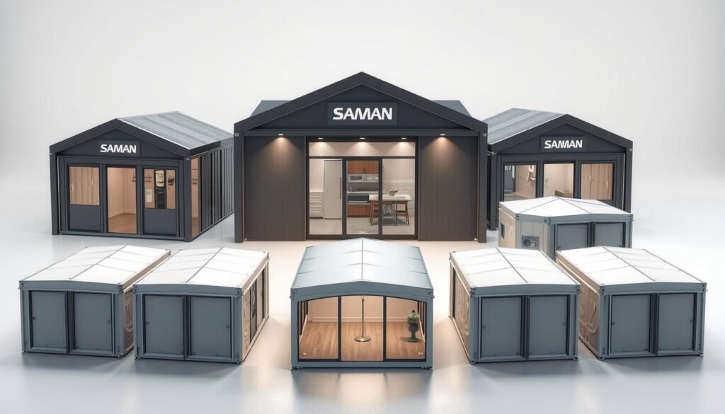 A well-lit, photorealistic rendering of several cost-effective temporary structures from the SAMAN Portable brand, showcasing their sleek and sturdy design. The structures are arranged in a neat, organized manner, with a focus on the façade and key architectural features. The mid-ground depicts the structures in various configurations, demonstrating their modular and adaptable nature. The background features a clean, minimalist setting, highlighting the structures' practical and functional appeal. The lighting is balanced, casting soft shadows and emphasizing the structures' modern and attractive aesthetic.