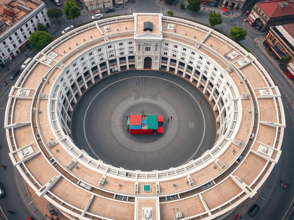 Aerial view of Connaught Place's circular layout with container cafe visible in one of the blocks Aerial view of Connaught Place's circular layout with container cafe visible in one of the blocks