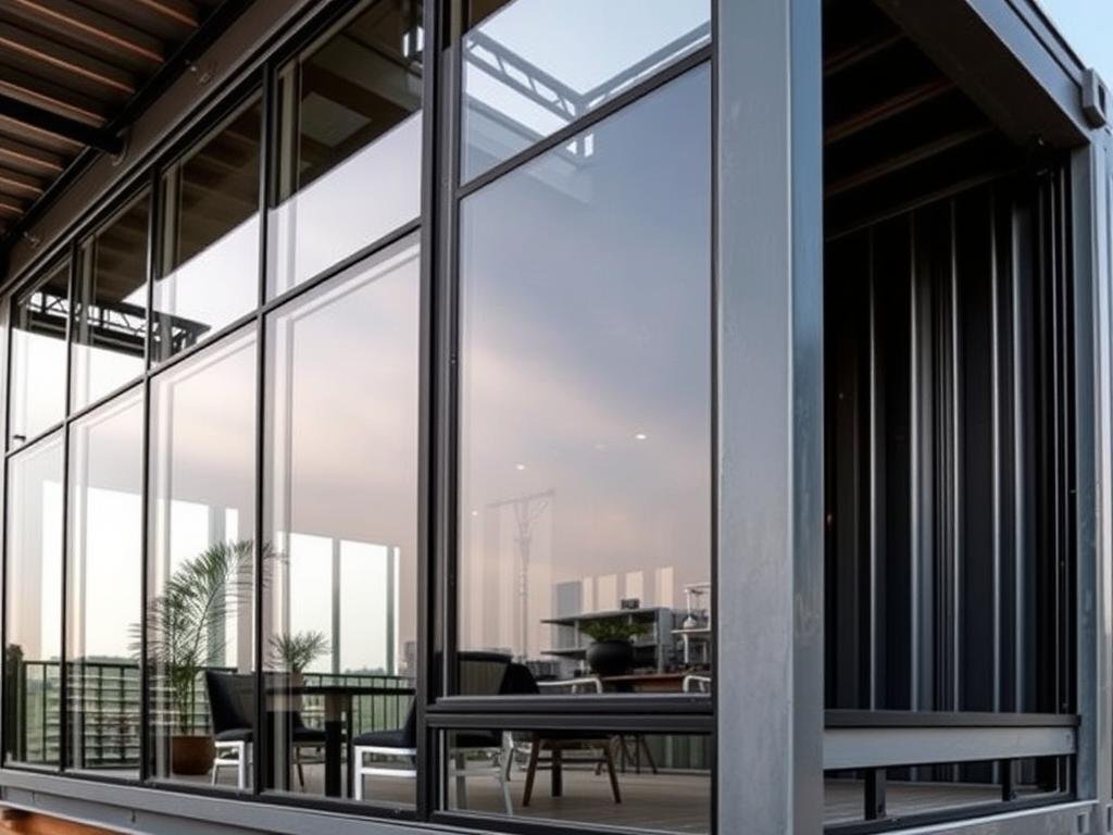 Architectural details of a container cafe showing glass walls and rooftop extension Architectural details of a container cafe showing glass walls and rooftop extension