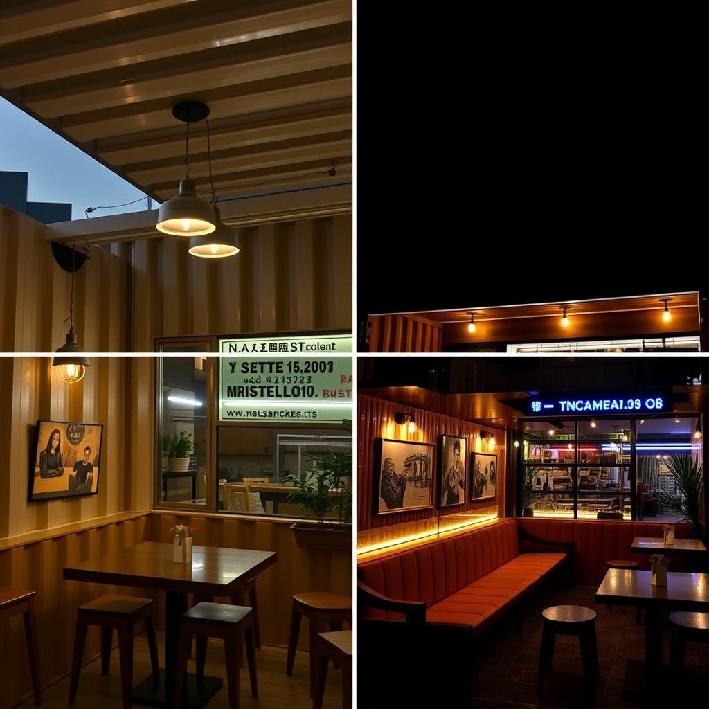 Atmospheric lighting design in a Noida container cafe showing day to night transition Atmospheric lighting design in a Noida container cafe showing day to night transition