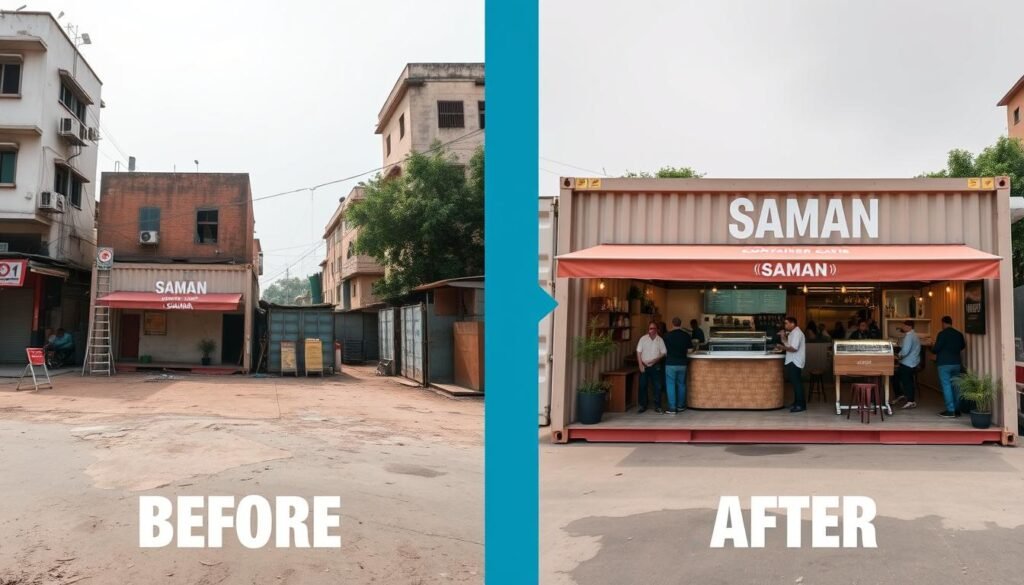 Before and after transformation of a space into a thriving container cafe Before and after transformation of a space into a thriving container cafe