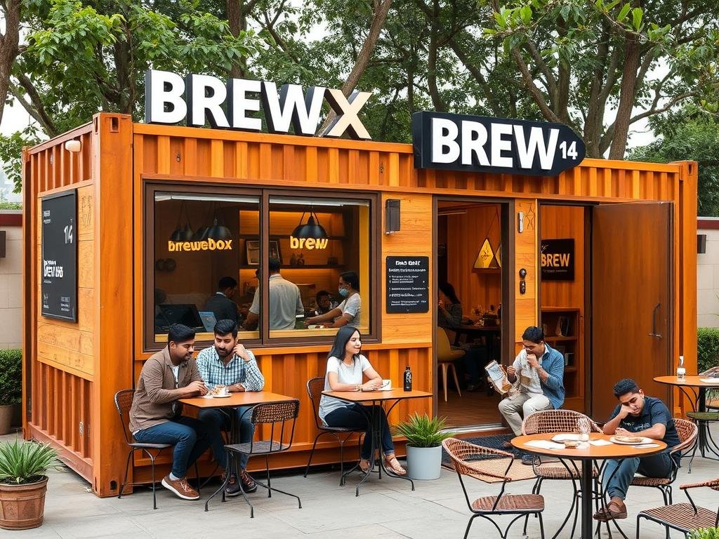 Brew Box container cafe in Dwarka Sector 12 with customers enjoying outdoor seating Brew Box container cafe in Dwarka Sector 12 with customers enjoying outdoor seating