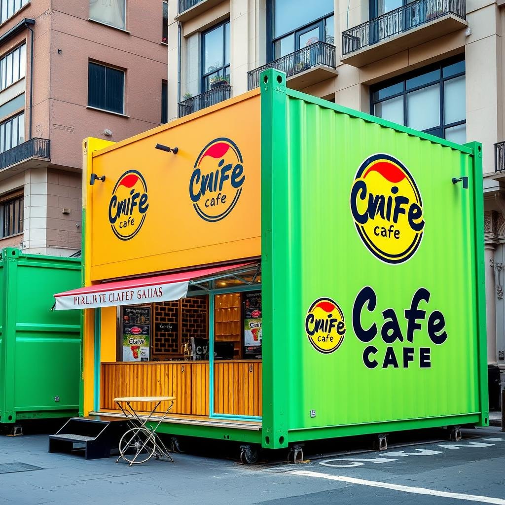 Brightly branded container cafe standing out in Connaught Place with distinctive design Brightly branded container cafe standing out in Connaught Place with distinctive design