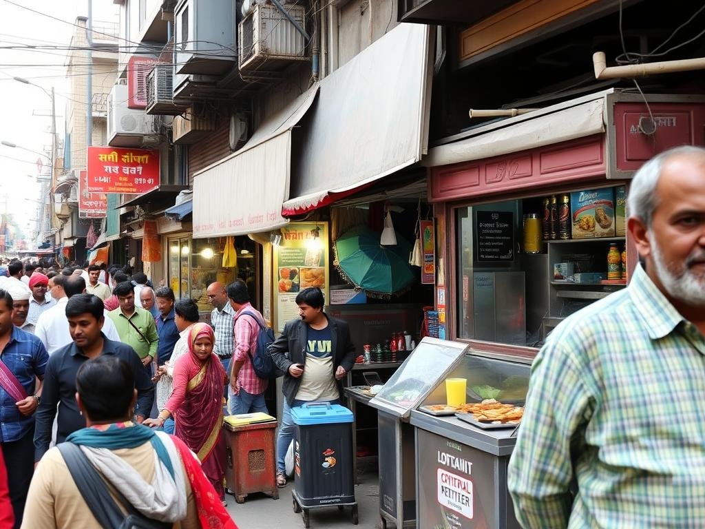 Busy East Delhi market street with small food kiosks Busy East Delhi market street with small food kiosks