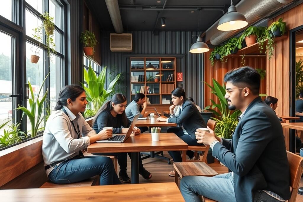 Busy IT professionals enjoying coffee at a container cafe in Sector 62, Noida Busy IT professionals enjoying coffee at a container cafe in Sector 62, Noida