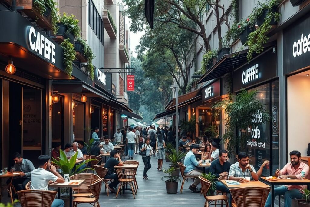 Busy cafe street in Greater Kailash market area Busy cafe street in Greater Kailash market area