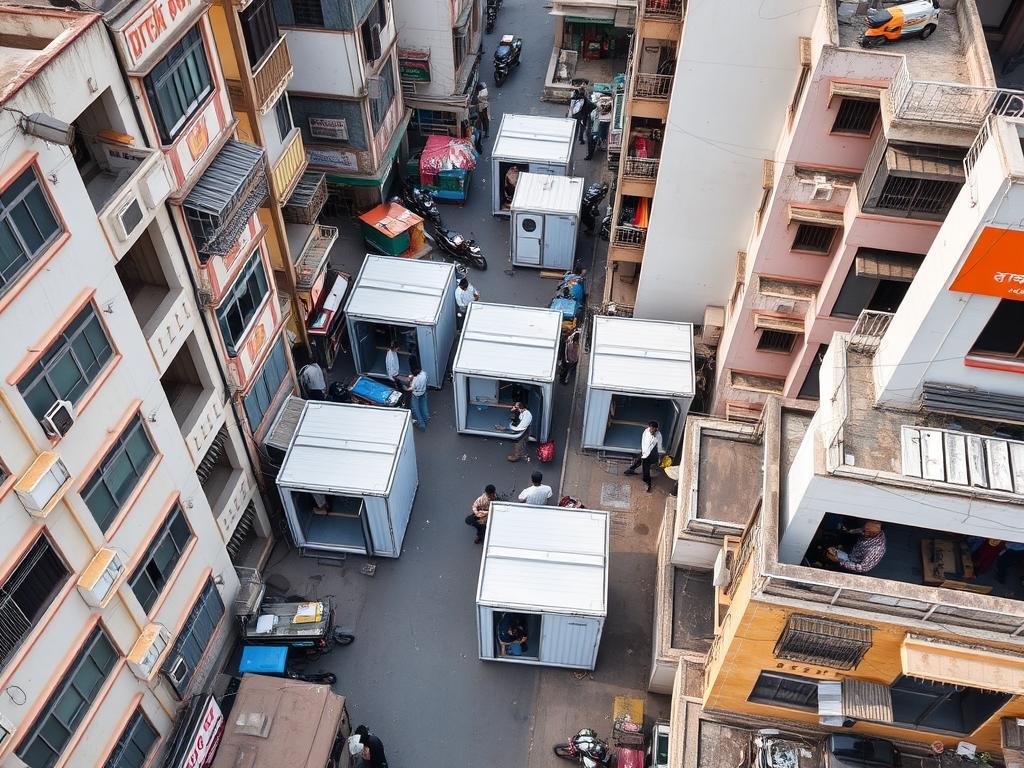 Busy commercial area in Janakpuri with portable cabins visible Busy commercial area in Janakpuri with portable cabins visible