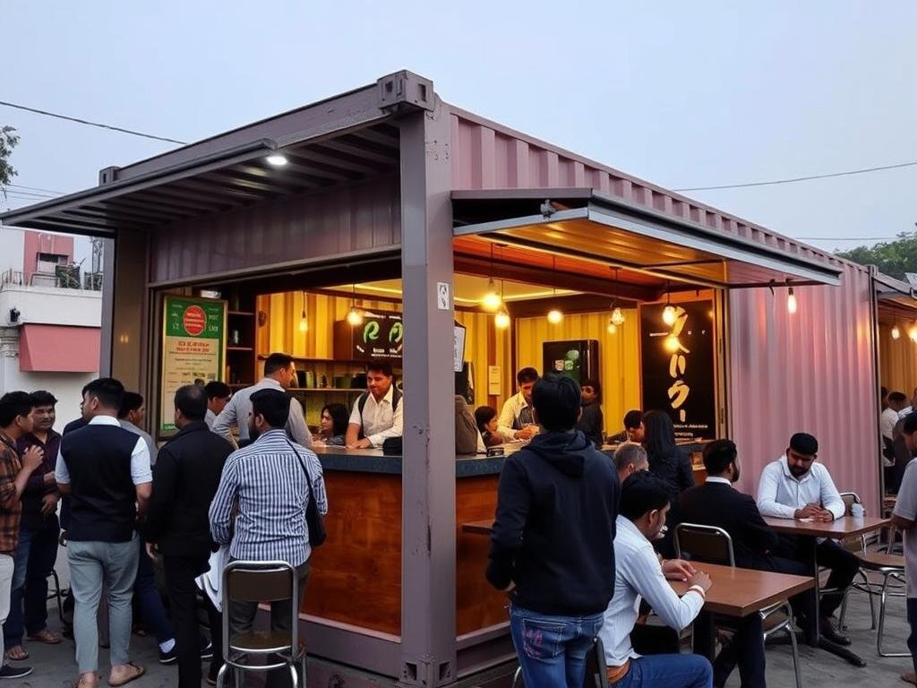 Busy container cafe in North Delhi demonstrating strong customer traffic Busy container cafe in North Delhi demonstrating strong customer traffic