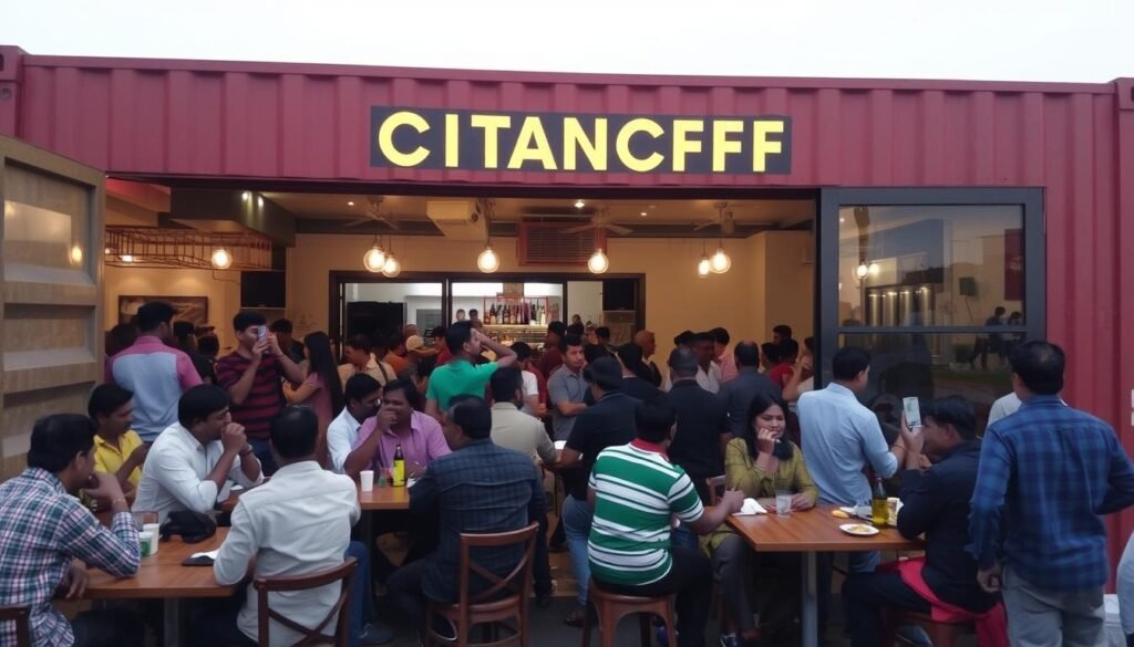 Busy container cafe in North Delhi with customers enjoying the unique atmosphere Busy container cafe in North Delhi with customers enjoying the unique atmosphere
