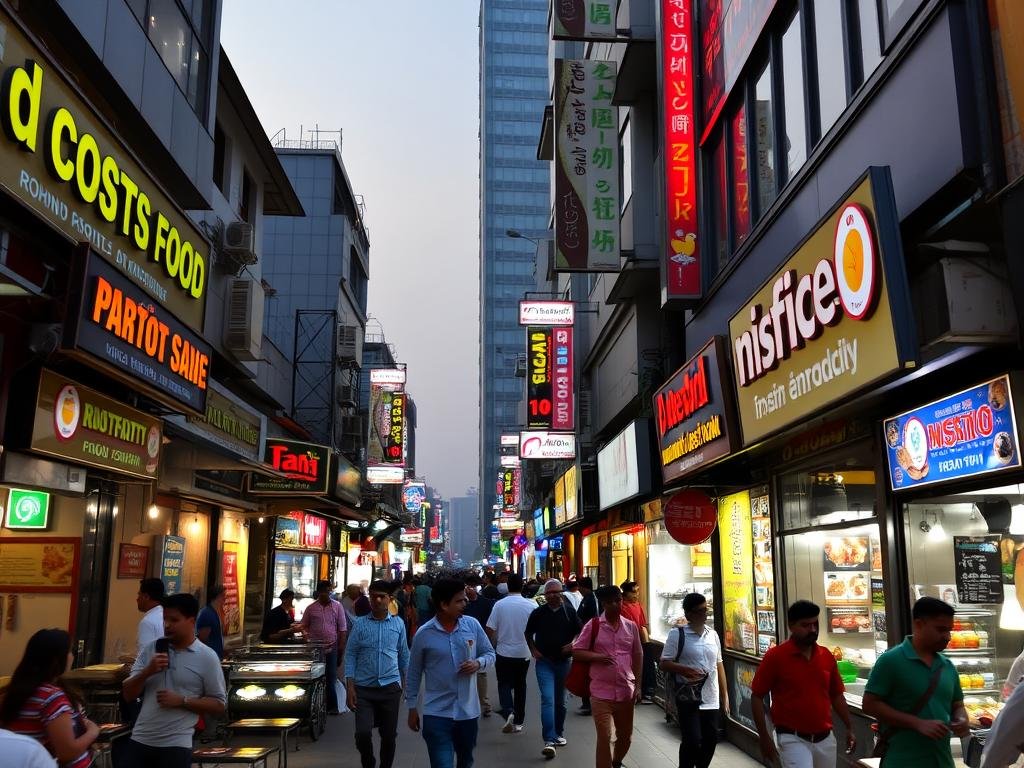 Busy food avenue in Rohini with various dining options and customers Busy food avenue in Rohini with various dining options and customers