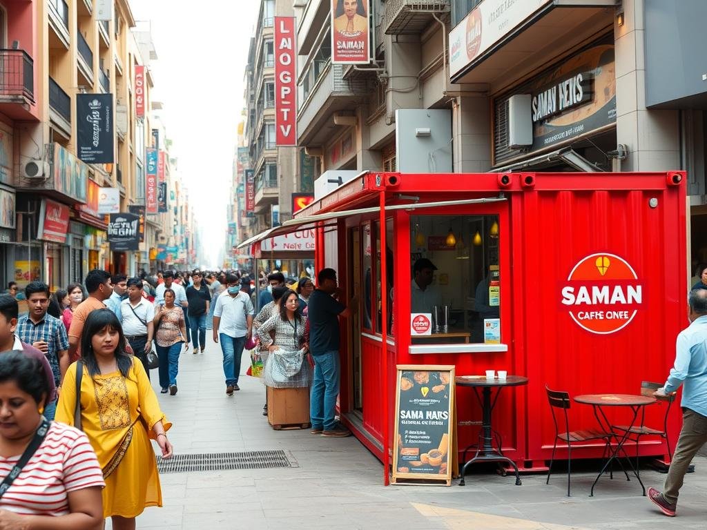 Busy shopping street in Karol Bagh with a colorful container cafe serving customers Busy shopping street in Karol Bagh with a colorful container cafe serving customers