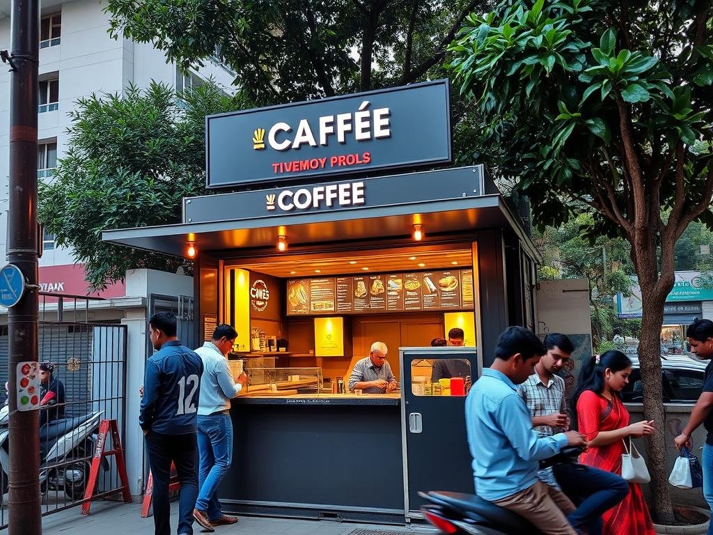 Compact sidewalk container cafe in Noida's Sector 62 with takeaway counter Compact sidewalk container cafe in Noida's Sector 62 with takeaway counter