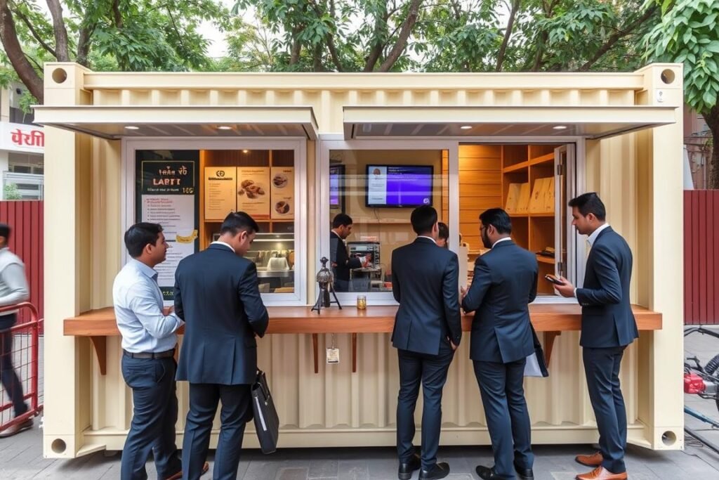 Compact takeaway container cafe in Janakpuri with service window and queue management Compact takeaway container cafe in Janakpuri with service window and queue management