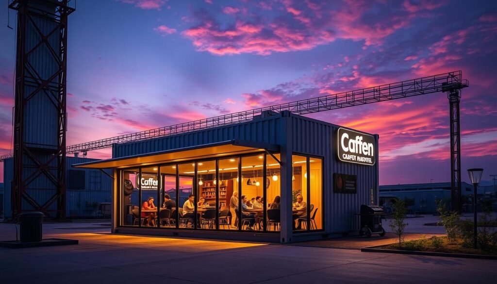 Completed container cafe project in Greater Noida industrial park at sunset Completed container cafe project in Greater Noida industrial park at sunset
