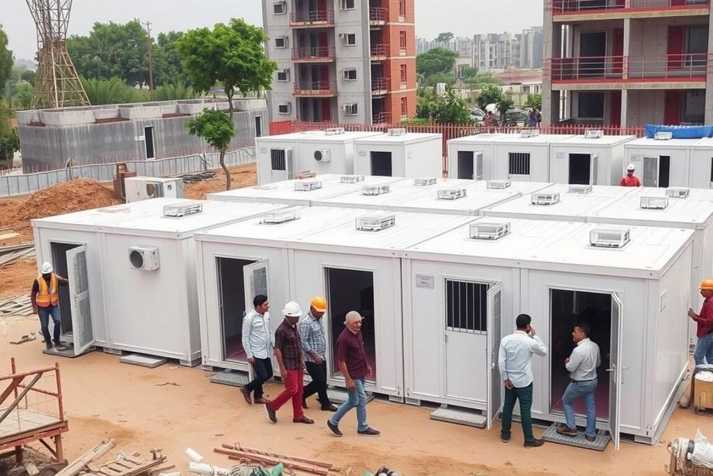 Construction site in Dwarka with portable office cabins Construction site in Dwarka with portable office cabins