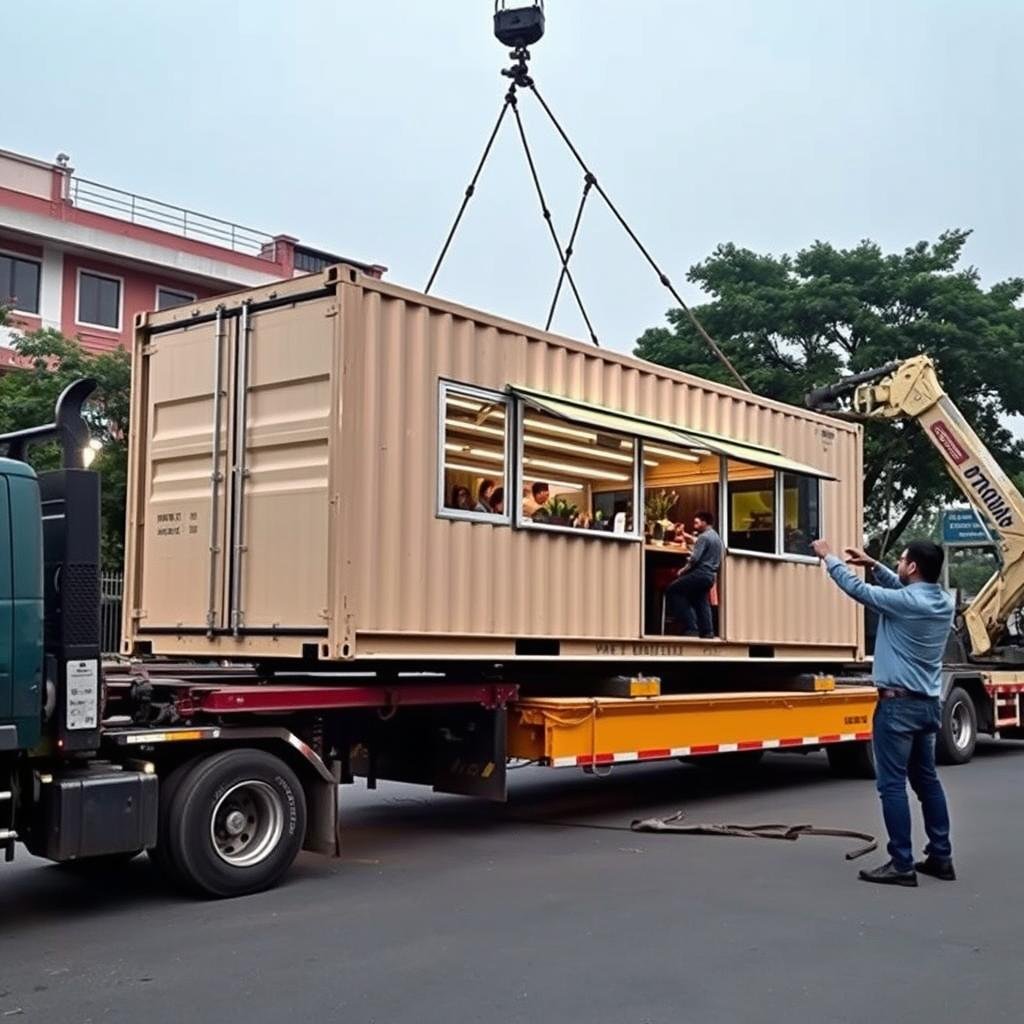 Container cafe being delivered and positioned in Central Delhi location Container cafe being delivered and positioned in Central Delhi location