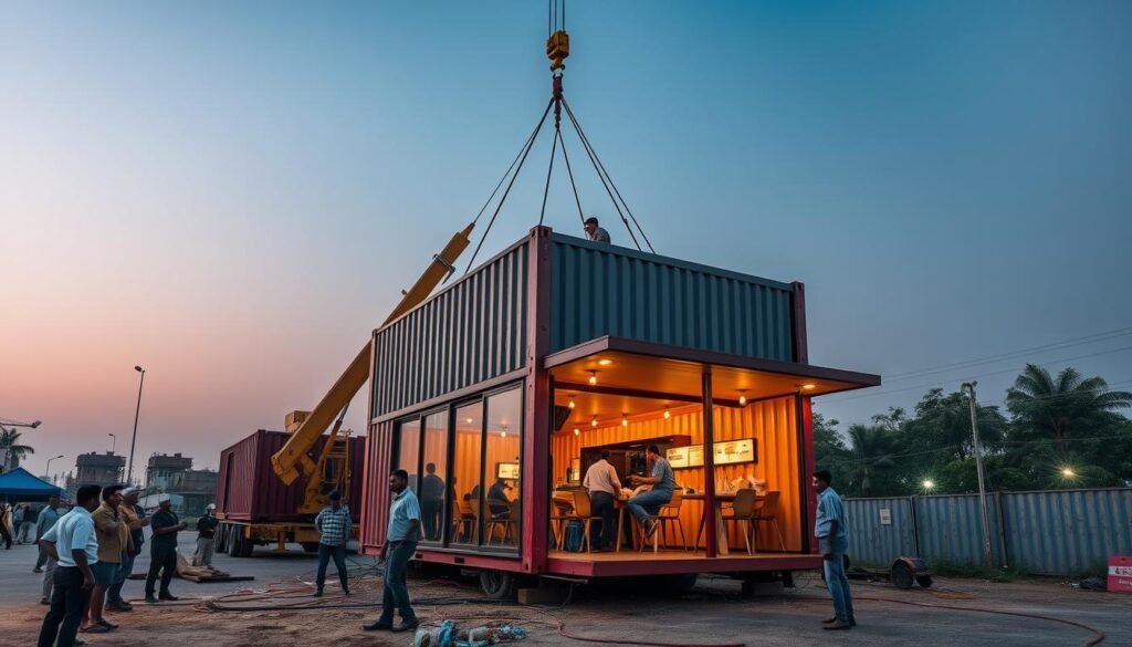 Container cafe being installed in Dwarka commercial complex in just one day Container cafe being installed in Dwarka commercial complex in just one day