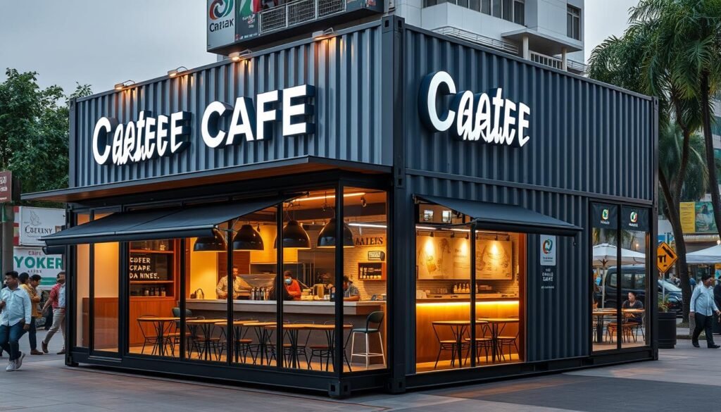 Container cafe in Central Delhi with modern design and branding visible from multiple angles Container cafe in Central Delhi with modern design and branding visible from multiple angles
