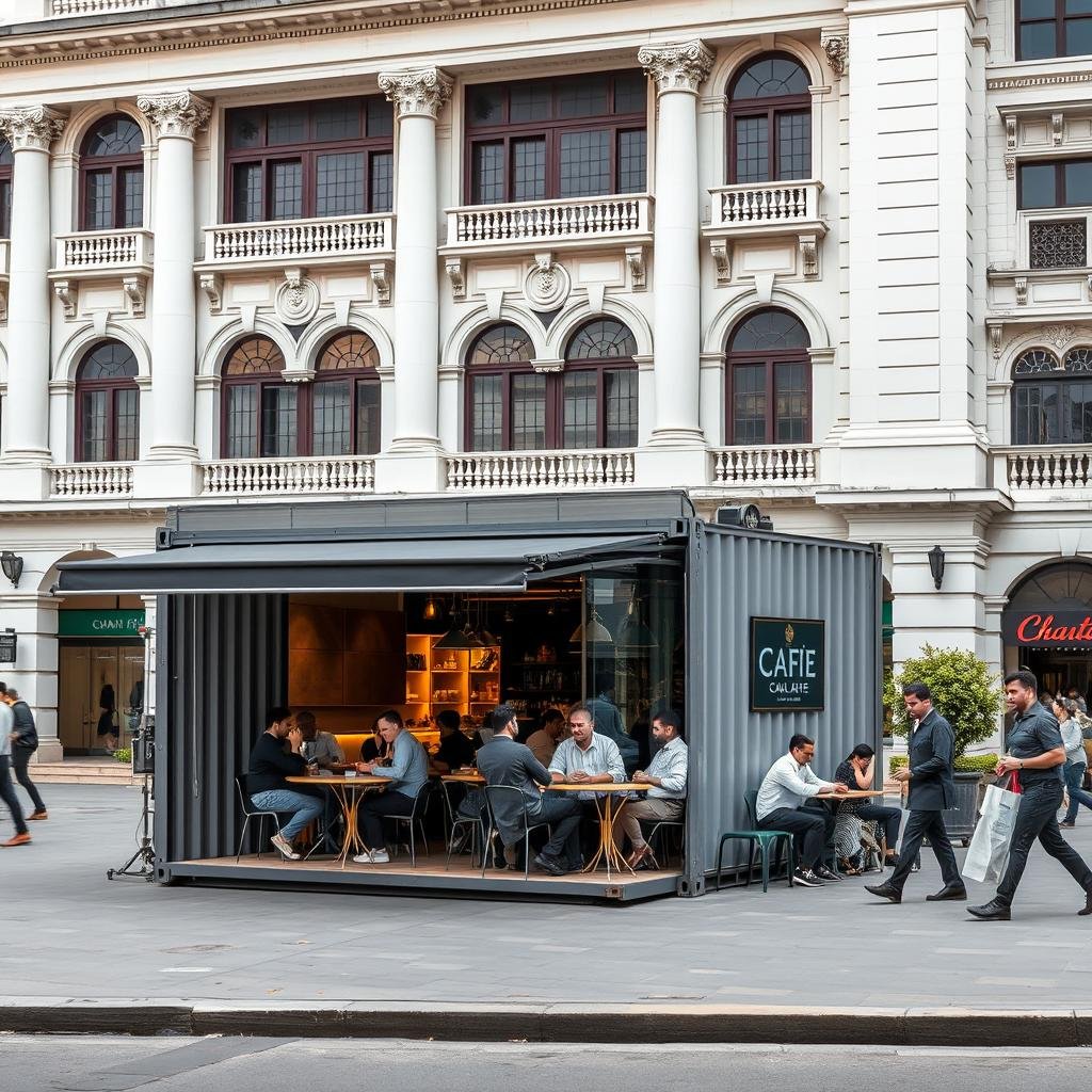 Container cafe in Connaught Place with colonial architecture in background Container cafe in Connaught Place with colonial architecture in background