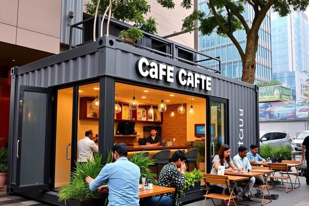 Container cafe in Janakpuri District Center with office workers during lunch hour Container cafe in Janakpuri District Center with office workers during lunch hour