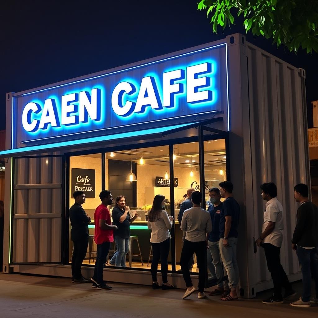 Container cafe in Rajouri Garden with custom LED signage and night lighting Container cafe in Rajouri Garden with custom LED signage and night lighting