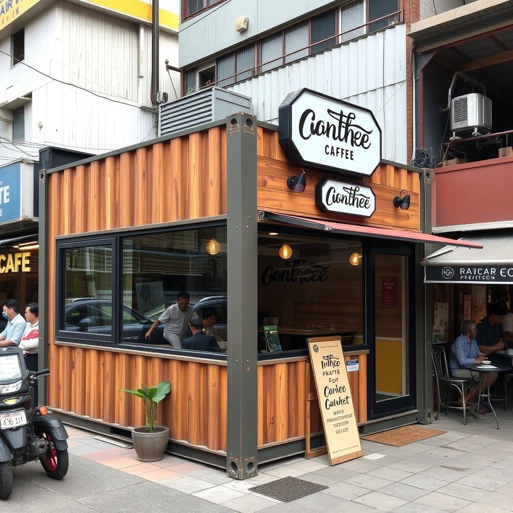 Container cafe in a Pitampura market with unique exterior design Container cafe in a Pitampura market with unique exterior design