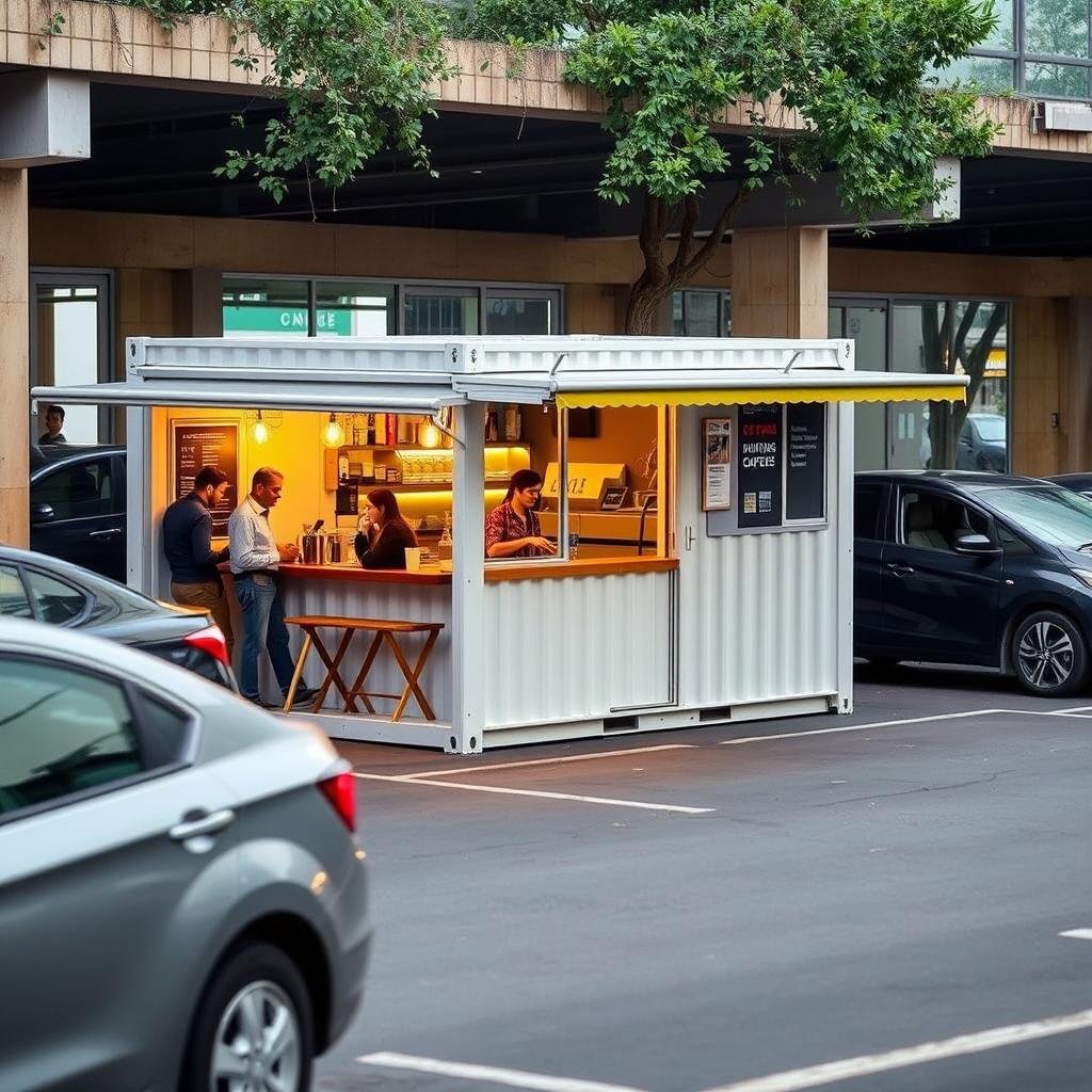 Container cafe in a parking area serving customers before they shop Container cafe in a parking area serving customers before they shop