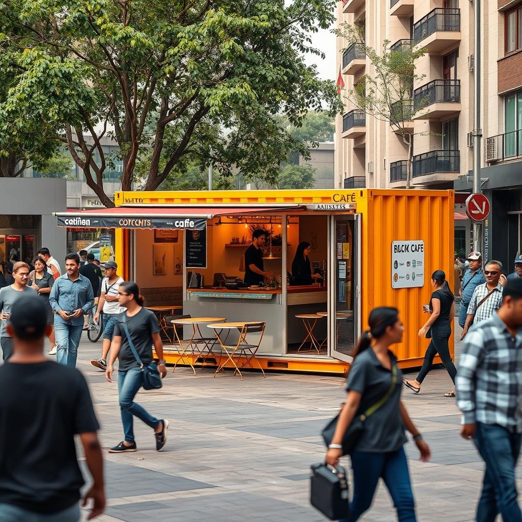 Container cafe in a pedestrian-only zone in Central Delhi Container cafe in a pedestrian-only zone in Central Delhi