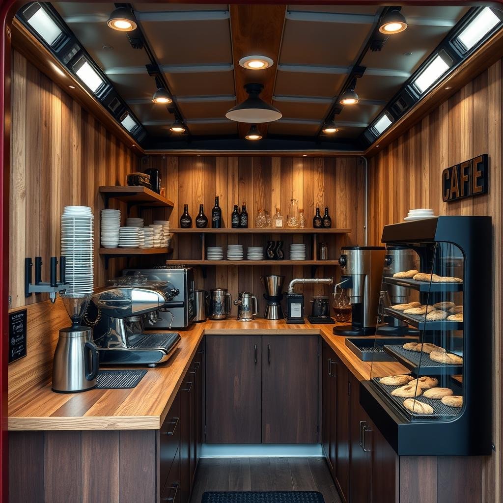 Container cafe interior with bar setup and specialty coffee equipment Container cafe interior with bar setup and specialty coffee equipment