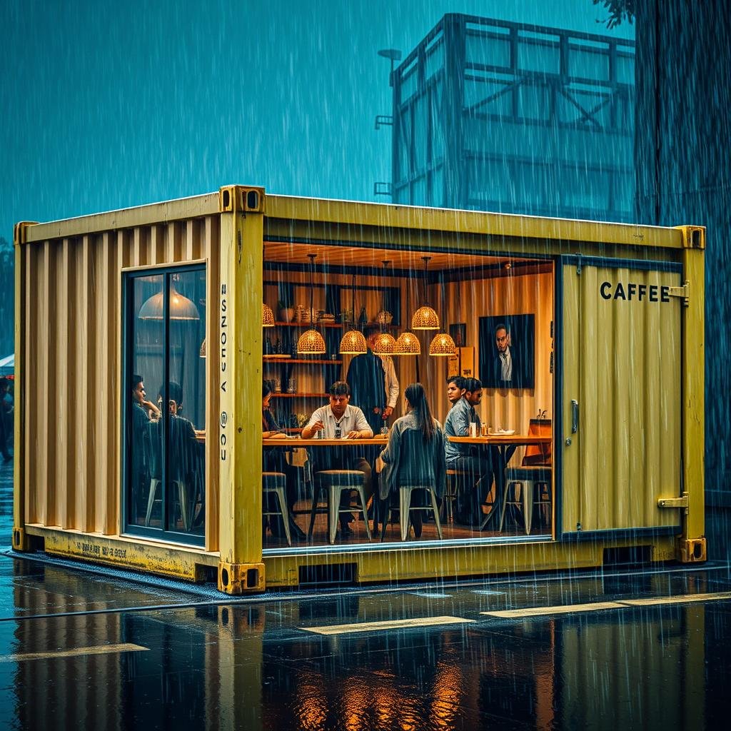 Container cafe operating during Delhi monsoon showing weather resistance Container cafe operating during Delhi monsoon showing weather resistance