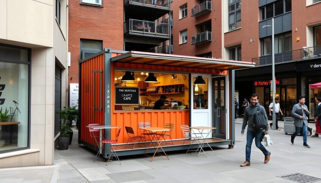 Container cafe positioned in a small urban space between buildings in North Delhi Container cafe positioned in a small urban space between buildings in North Delhi