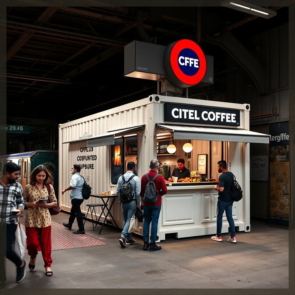 Container cafe positioned near a Delhi Metro station entrance Container cafe positioned near a Delhi Metro station entrance