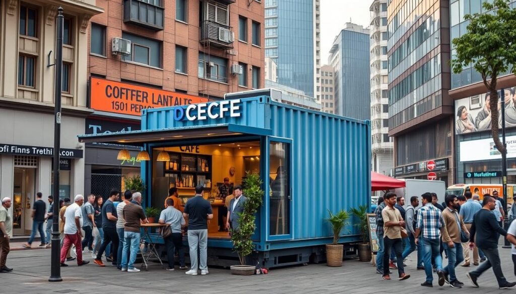 Container cafe positioned strategically in a busy Central Delhi location Container cafe positioned strategically in a busy Central Delhi location