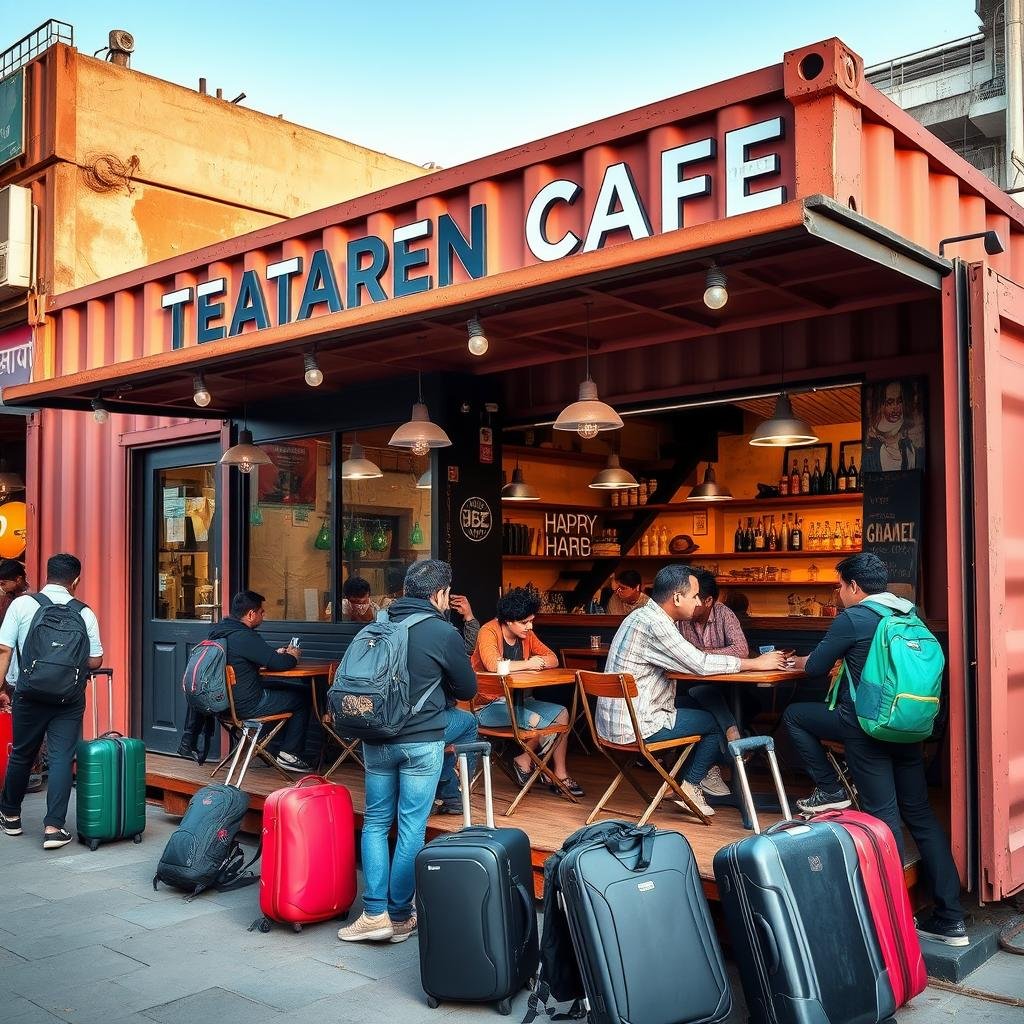 Container cafe serving international tourists in Paharganj area Container cafe serving international tourists in Paharganj area