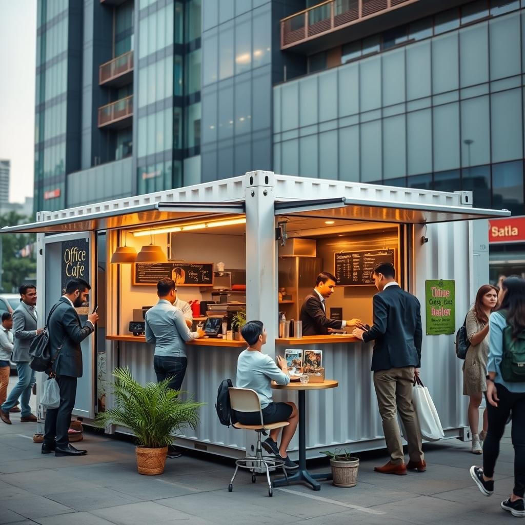Container cafe serving office workers in a Central Delhi business district Container cafe serving office workers in a Central Delhi business district