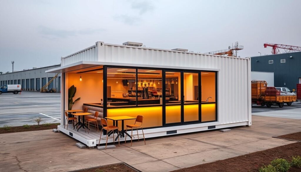 Container cafe setup in Alpha sector of Greater Noida with industrial backdrop Container cafe setup in Alpha sector of Greater Noida with industrial backdrop
