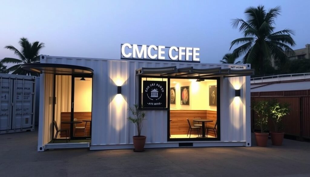 Container cafe with custom exterior branding and architectural elements Container cafe with custom exterior branding and architectural elements