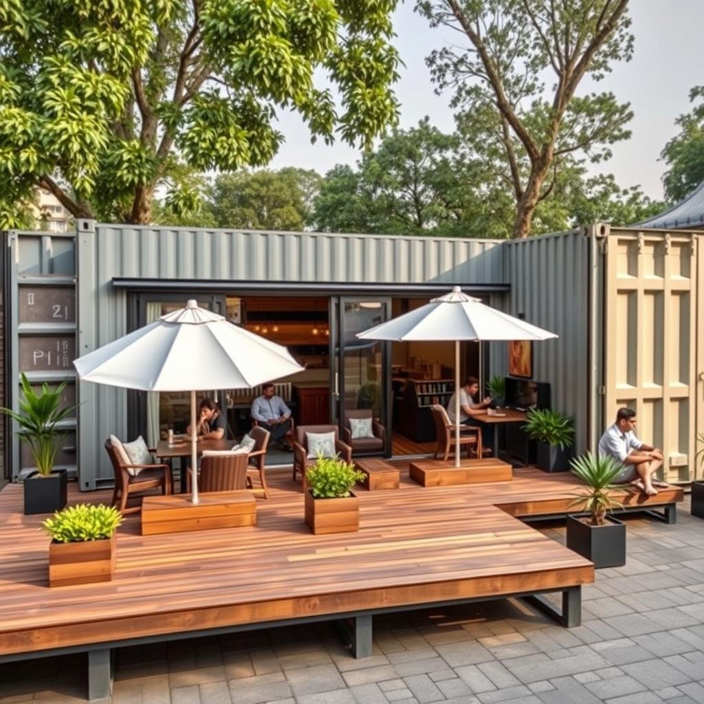 Container cafe with extended deck and outdoor seating in Central Delhi Container cafe with extended deck and outdoor seating in Central Delhi